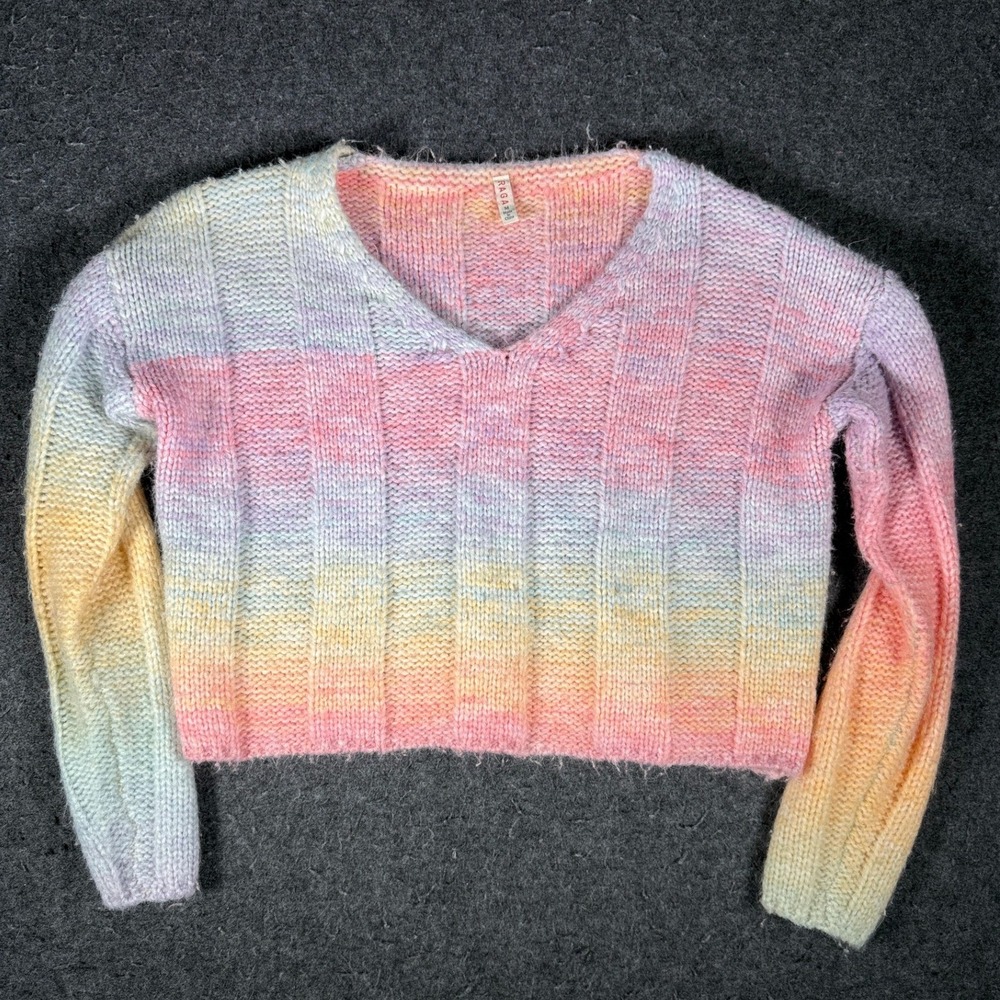 RAGA Womens Pastel Ombre Chunky Knit Cropped V-Neck Sweater Multicolor Size M